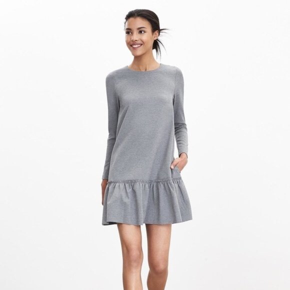 Banana Republic Grey Swing Pockets Ruffle Stretch Longsleeve A-line Dress 2 Banana Republic Grey Swing Pockets Ruffle Stretch Longsleeve A-line Dress 2